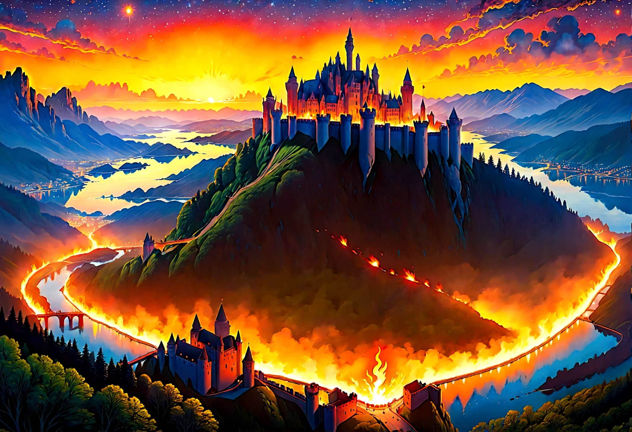 an award winning picture, National Geographic style, Arafed, magnificent artistic picture of a (castle: 1.4) on a mountain range near a lake at dusk, fantasy art D&D art, castle, with towers, turrets, barbican, it is dusk time, the sun is going down, and there are stars in the skies, the last rays of sun, there is a ((bridge lit by torches: 1.4)) crossing to the other side, fantasy forest background, ultra best realistic, best details, 16k, [ultra detailed], masterpiece, best quality, (extremely detailed), photorealism, depth of field, hyper realistic painting, Cinematic Hollywood Film style, digital art