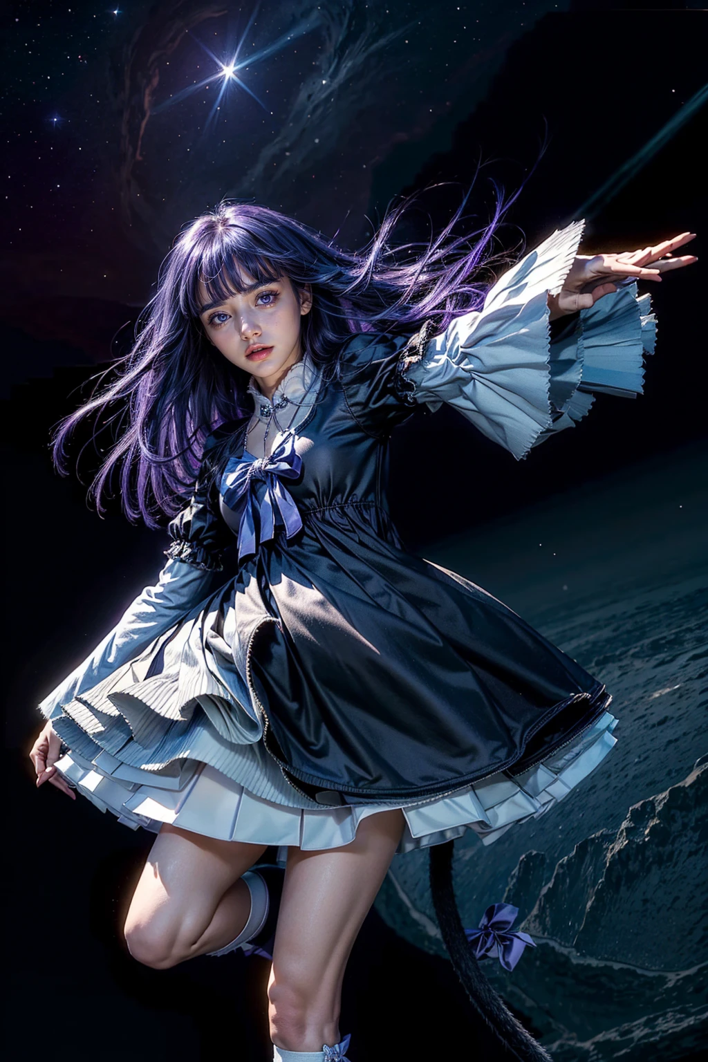 masterpiece,best quality,1girl,frederica bernkastel,purple hair,cat tail,tail bow,purple eyes,tail ornament,dress,bowtie,socks,expressionless,outstretched arms,outer space,surrounded by  floating crystal,cowboy shot, necklace with cross