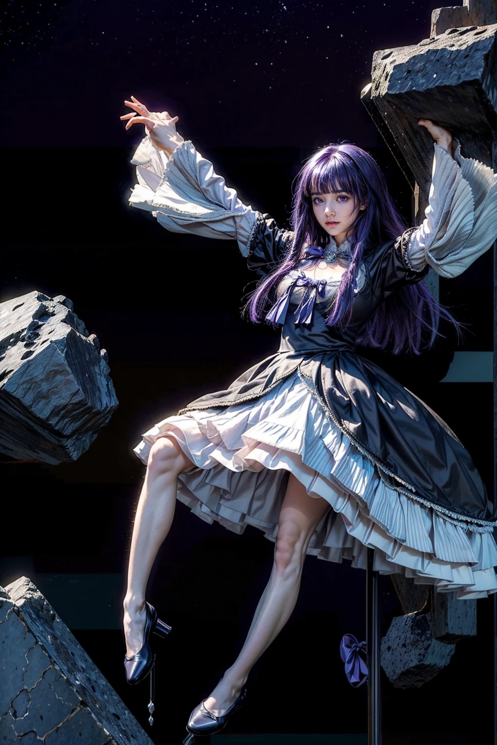 masterpiece,best quality,1girl,frederica bernkastel,purple hair,cat tail,tail bow,purple eyes,tail ornament,dress,bowtie,socks,expressionless,outstretched arms,outer space,surrounded by floating crystal,cowboy shot, necklace with cross