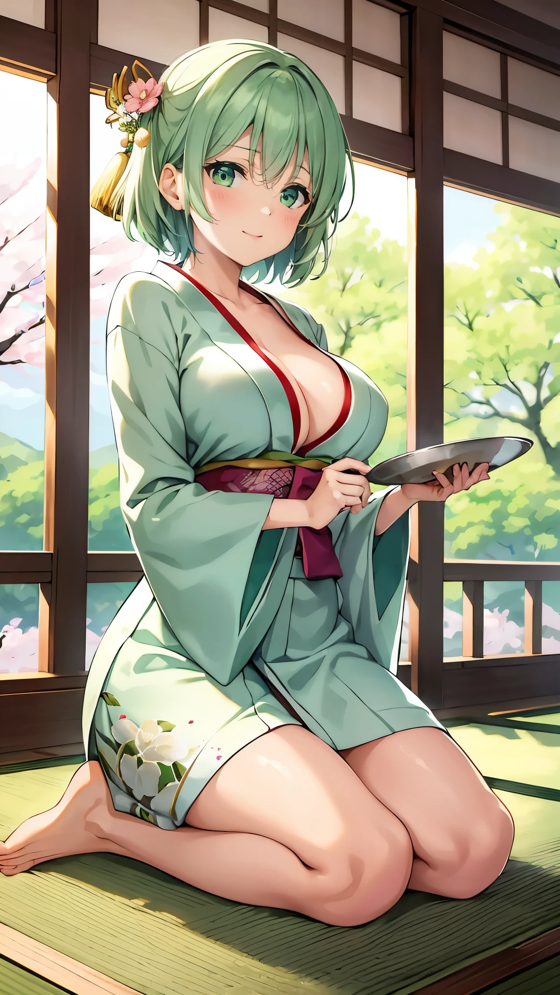 Girl with short green hair, Small breasts, Green Eyes, White Casual Wear Beauty Special、(((tits))),Full body photo from head to toe、Kimono、Patterned Japanese clothing、Cherry tree in full bloom、Fluttering petals、Tea Ceremony、Graceful Manners、Tea party、Chatting in a Japanese-style room