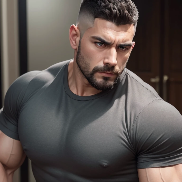 a very handsome, robust, serious adult man, with a Mid fade haircut, massively muscular, with massively large muscles, with massively large and muscular arms and biceps, wearing a very dirty dark gray shirt, seen very close up