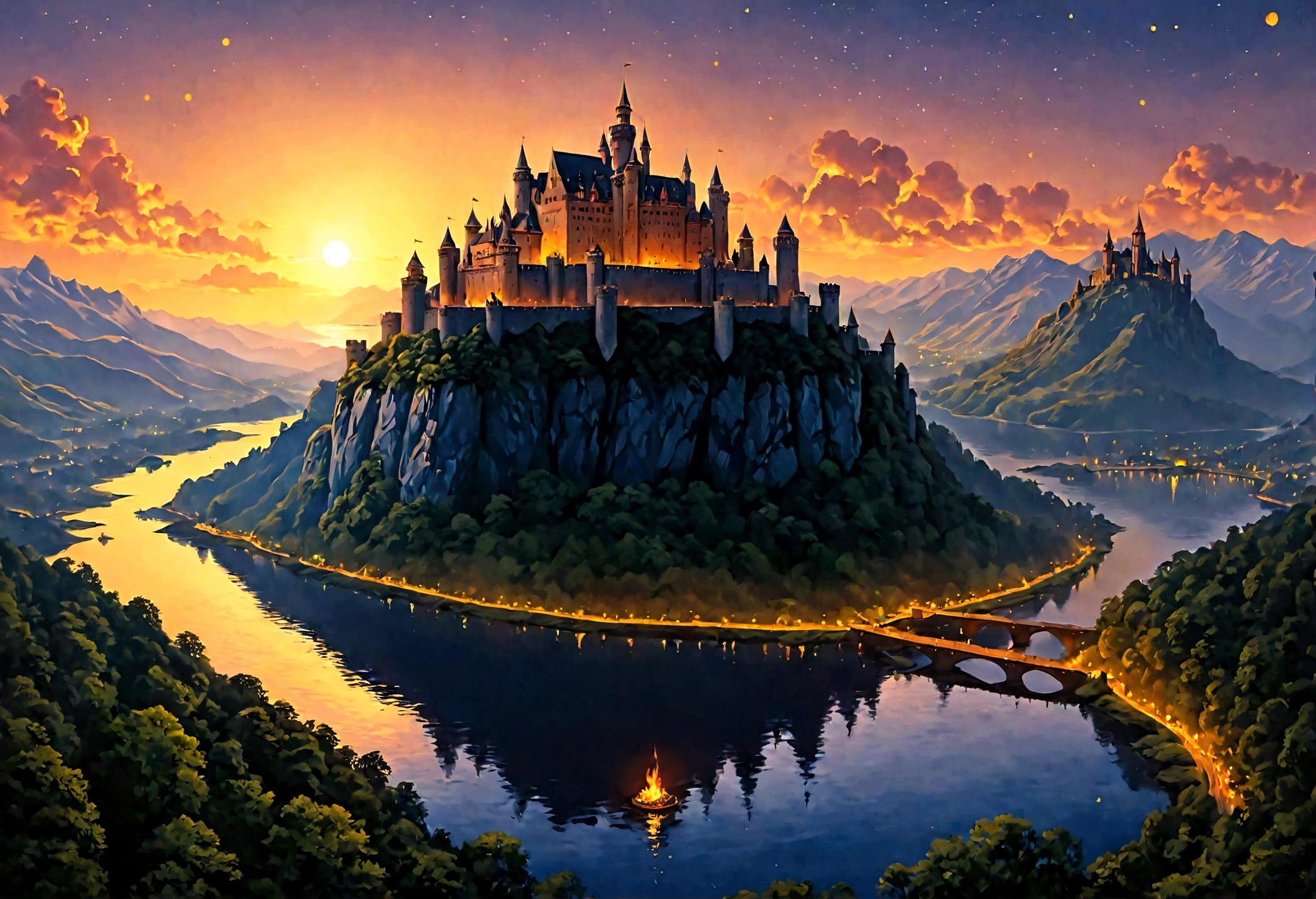 an award winning picture, National Geographic style, Arafed, magnificent artistic picture of a (castle: 1.4) on a mountain range near a lake at dusk, fantasy art D&D art, castle, with towers, turrets, barbican, it is dusk time, the sun is going down, and there are stars in the skies, the last rays of sun, there is a ((bridge lit by torches: 1.4)) crossing to the other side, fantasy forest background, ultra best realistic, best details, 16k, [ultra detailed], masterpiece, best quality, (extremely detailed), photorealism, depth of field, hyper realistic painting, Cinematic Hollywood Film style, digital art