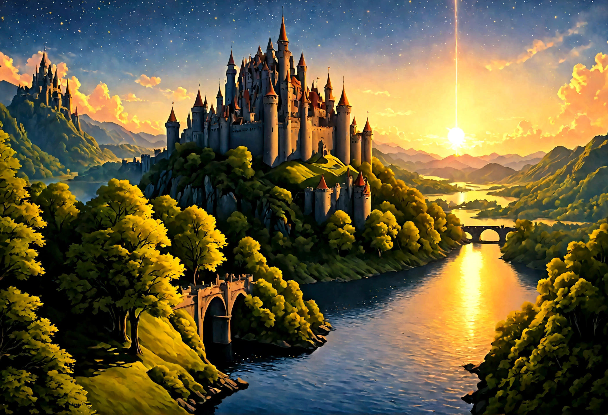 an award winning picture, National Geographic style, Arafed, magnificent artistic picture of a (castle: 1.4) on a mountain range near a lake at dusk, fantasy art D&D art, castle, with towers, turrets, barbican, it is dusk time, the sun is going down, and there are stars in the skies, the last rays of sun, there is a ((bridge lit by torches: 1.4)) crossing to the other side, fantasy forest background, ultra best realistic, best details, 16k, [ultra detailed], masterpiece, best quality, (extremely detailed), photorealism, depth of field, hyper realistic painting, Cinematic Hollywood Film style, digital art