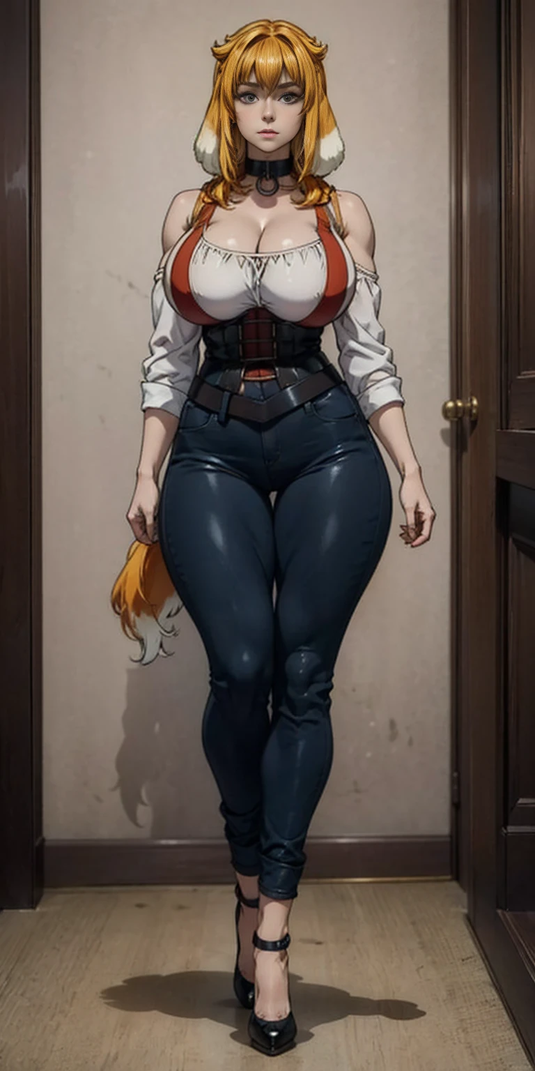 masterpiece, burly woman, exaggerated large muscles, skinny pants, high-heels, standing on your feet, beautiful attractive face, full body like, single female, very fair skin, thin waist, very broad shoulders, Strong and powerful arms, stout arms, strong and powerful leg muscles, looking to the camera, dog ears, fluffy dog ears