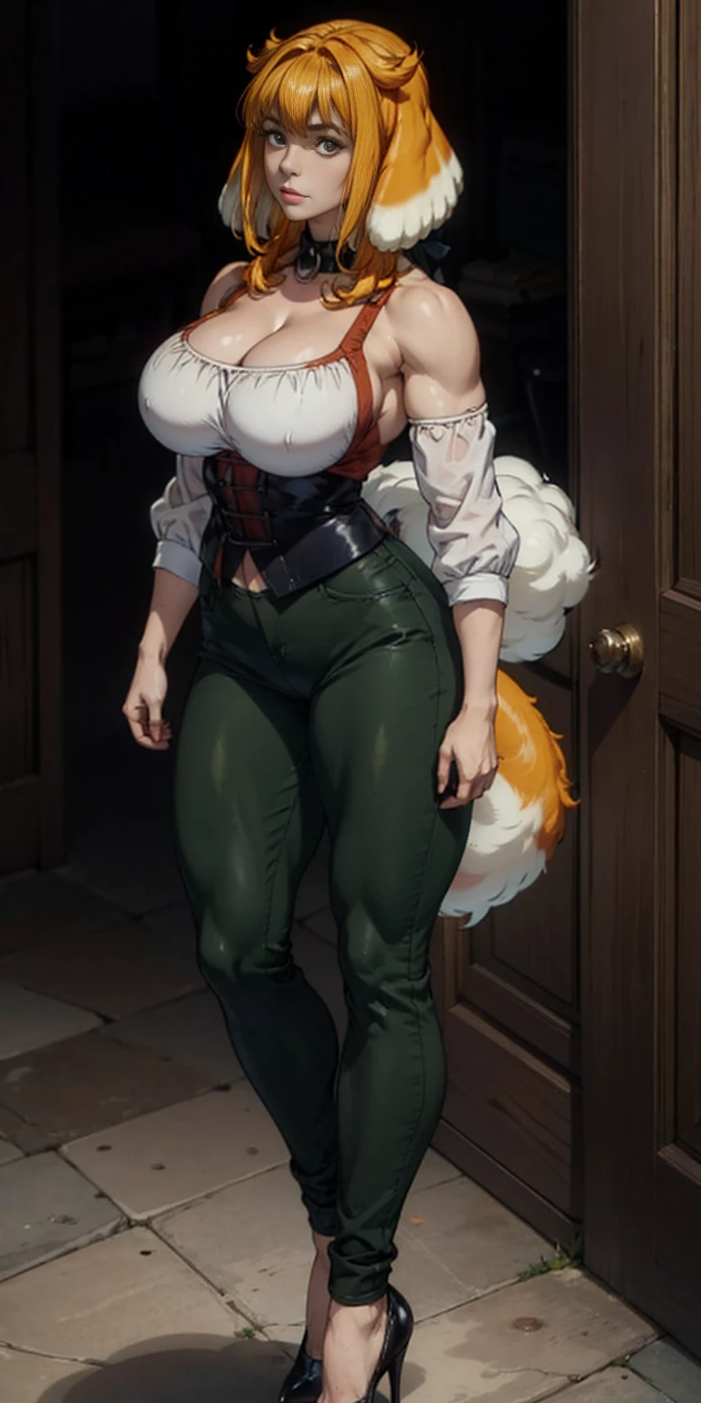 masterpiece, burly woman, exaggerated large muscles, skinny pants, high-heels, standing on your feet, beautiful attractive face, full body like, single female, very fair skin, thin waist, very broad shoulders, Strong and powerful arms, stout arms, strong and powerful leg muscles, looking to the camera, dog ears, fluffy dog ears