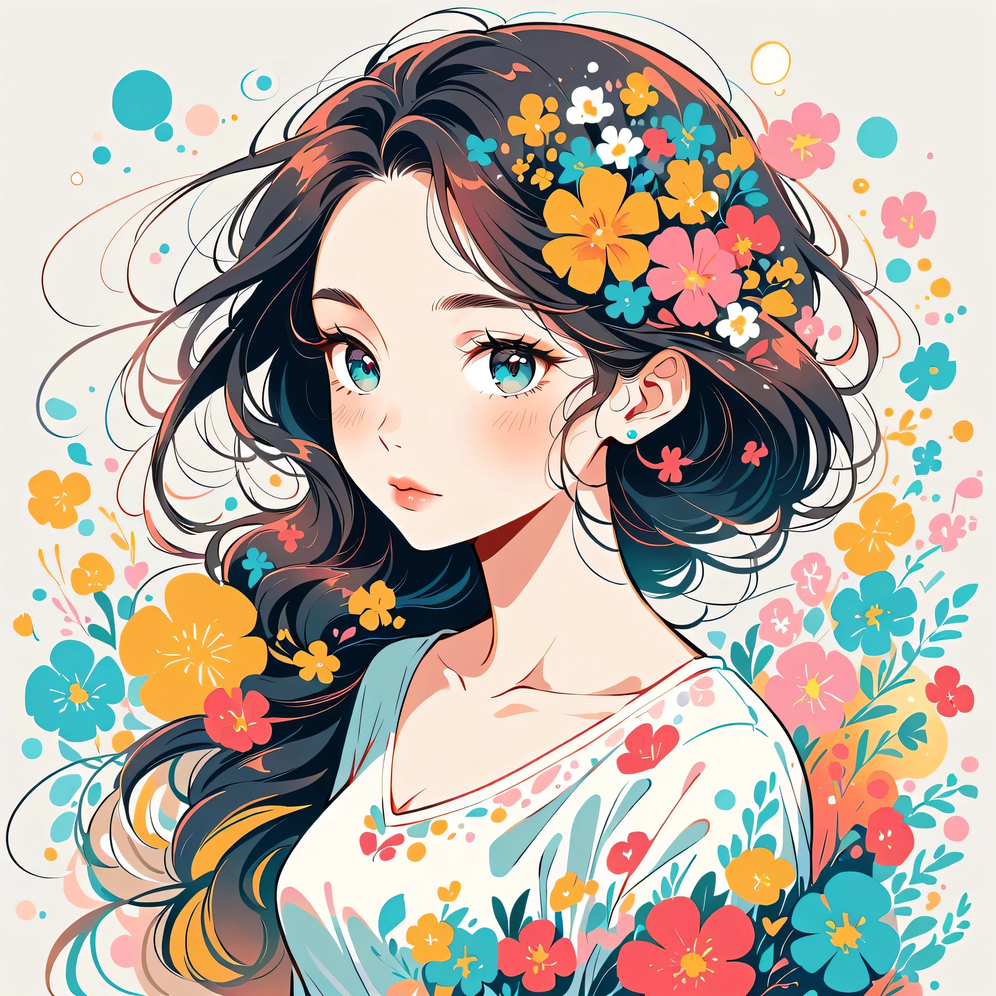 Takashi Murakami style、The most beautiful girl of all time、Lips in Love、Colorful flowers、Simple line initials、Abstract art、Urban Background, Lips in Love, Hopeful look