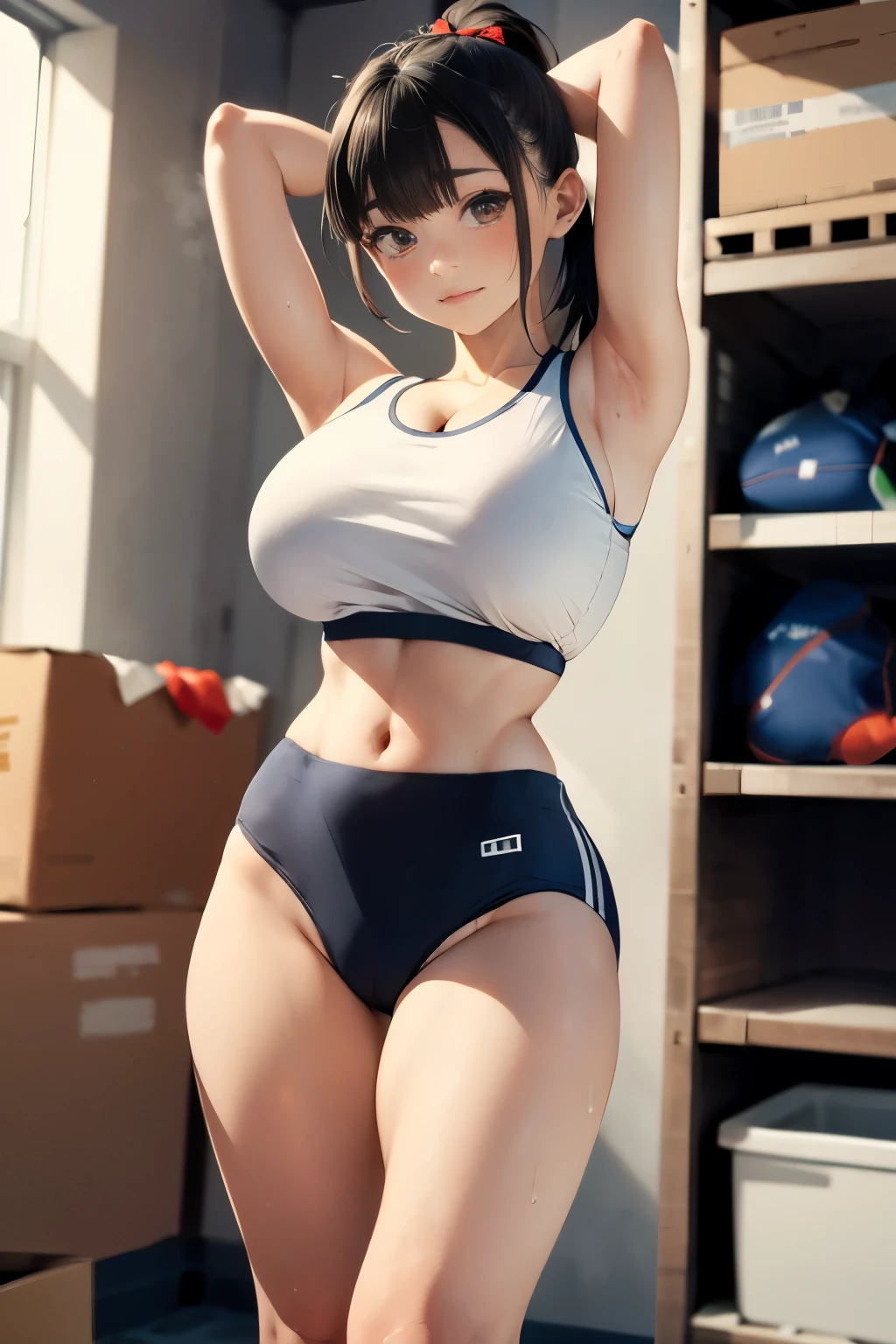 Chun li doing a barbell squat in the gym, sweating with a flushed face, wearing small shorts and a small bra, detailed image, High Resolution, UHD