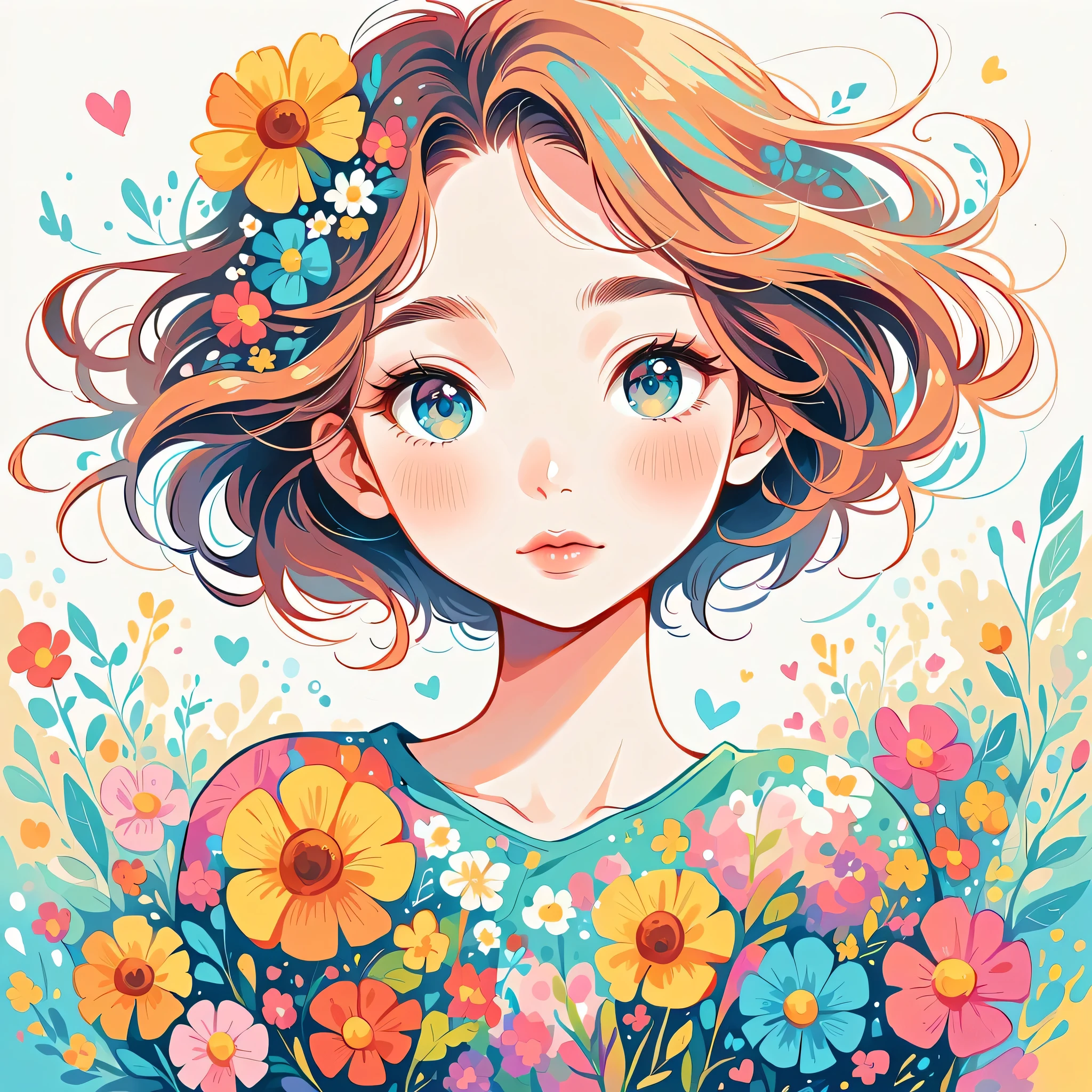 Takashi Murakami style、The most beautiful girl of all time、Lips in Love、Colorful flowers、Simple line initials、Abstract art、Urban Background, Lips in Love, Hopeful look