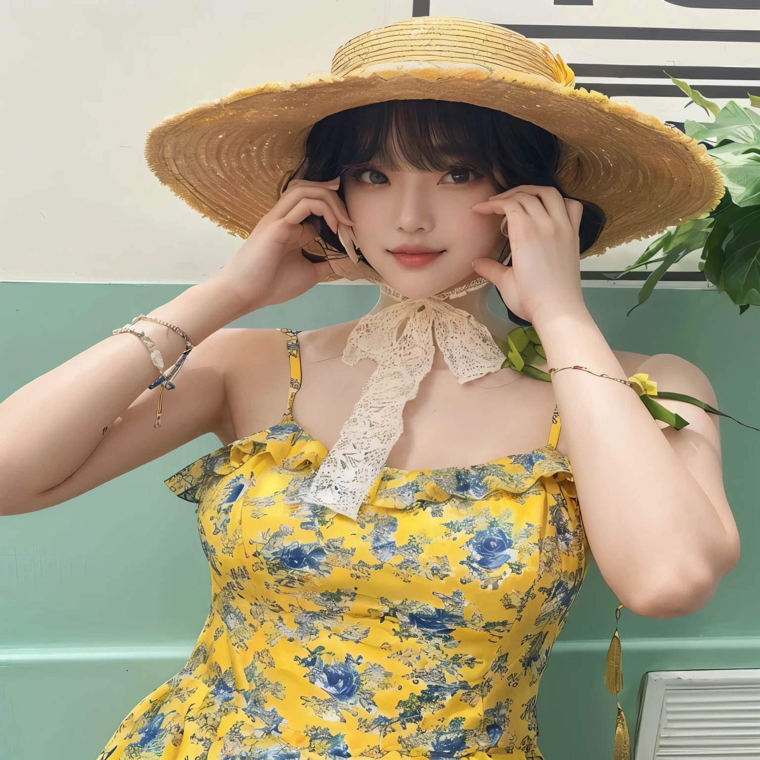 araffe woman in a yellow dress and sombrero de copa posing for a picture, with sombrero de copa, usando una gargantilla y un lindo sombrero, cuello florido con volantes, wearing sombrero de copa, ulzzang, sakimichan, Heonhwa Choe, usando gasa amarilla de trigo, jinyoung shin, chiho, con sombrero, sombrero de copa, Lalisa Manobal
