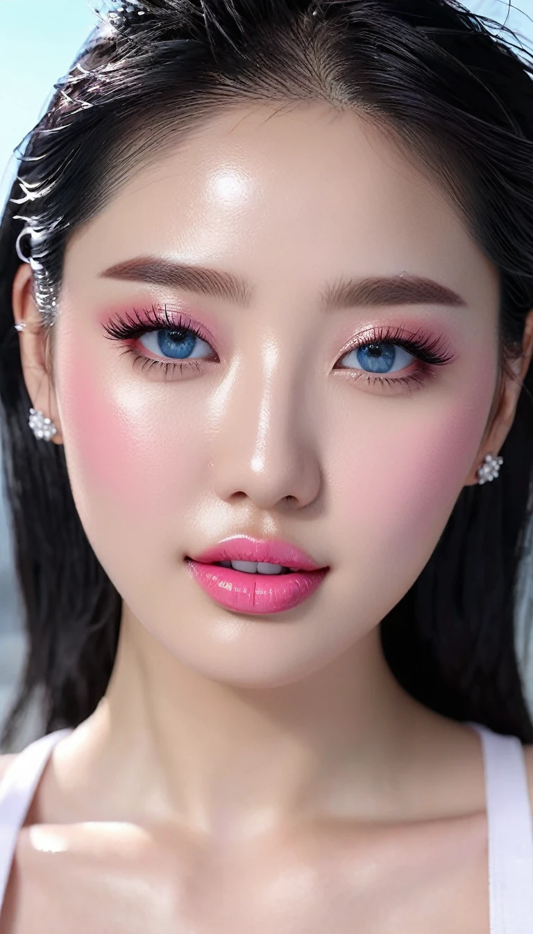 1 girl, Korean model, extremely beautiful, perfect body. 8K photo quality, lifelike, masterpiece, sharpest and highest contrast. Glossy pink lips, pink eyeshadow, eyelashes, blush, cosmetics, bright white skin, detailed pores, shiny skin, shiny skin. Her hair is pink, long and smooth, blowing in the wind ((floating)) under the bright sunlight. Bright smile, pure white teeth and details. Seductive lips, glossy pink lips. Blue eyes, seductive, ((sharp makeup)), realistic, ((wet eyes)), detailed, pink eyeshadow. Two delicate eyelids, perfectly beautiful and detailed, black eyelashes. Eyebrows are curved, sparse, sharp and detailed. Beautiful and perfect face, holy, perfectly proportioned, beautiful in every detail, ((shiny)), high-end cosmetic makeup. High and detailed nose. Blush, prominent and detailed cheekbones. Hands are beautiful, perfect, ((no flaws)), no defects. Her breasts are big and full, her nipples are prominent and detailed, her cleavage is deep and firm, tight under her bra. Tank top, jeans, necklace, earrings, bracelet. Photo of a girl standing on a toy city model, looking like a giant, the camera angle taken from close to the ground tilted up to focus on the girl's face.