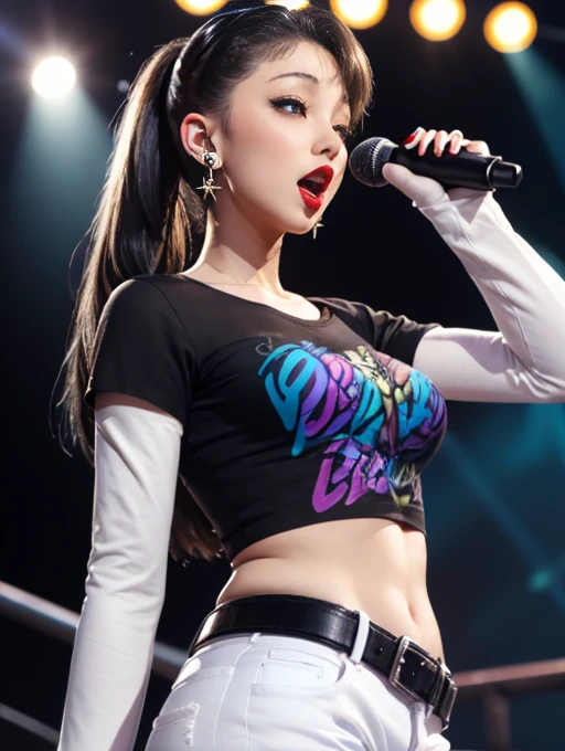 The face of Ariana grande, earrings ,lipstick, eye shadow, makeup, 1girl, solo, black t-shirt, white shirt, blue jeans, belt, lipstick, large breasts, layered sleeves, sexy pose, holding a microphone, singing, stage background, headphones
