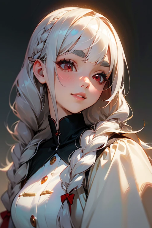 (highest quality, masterpiece:1.2), High resolution, 最高masterpiece、Very detailed, Realistic:1.37, Fantasy, An illustration,Gray Hair、 Red eyes、Queen, White Dress、beautifully、Eyeshadow Red、Thick eyebrows、Long eyelashes、pupils are black、shiny on the lips、Top Sites、Queen、Princess、A kind smile、Show your teeth a little and smile、Soft impression、people々々々々Loved by、Slimming the face、Shoulder Bare、y braids、Kissing Face、Long white hair、Shaggy Bangs、Gazing at the night sky、Keep the image of your face、machine gun