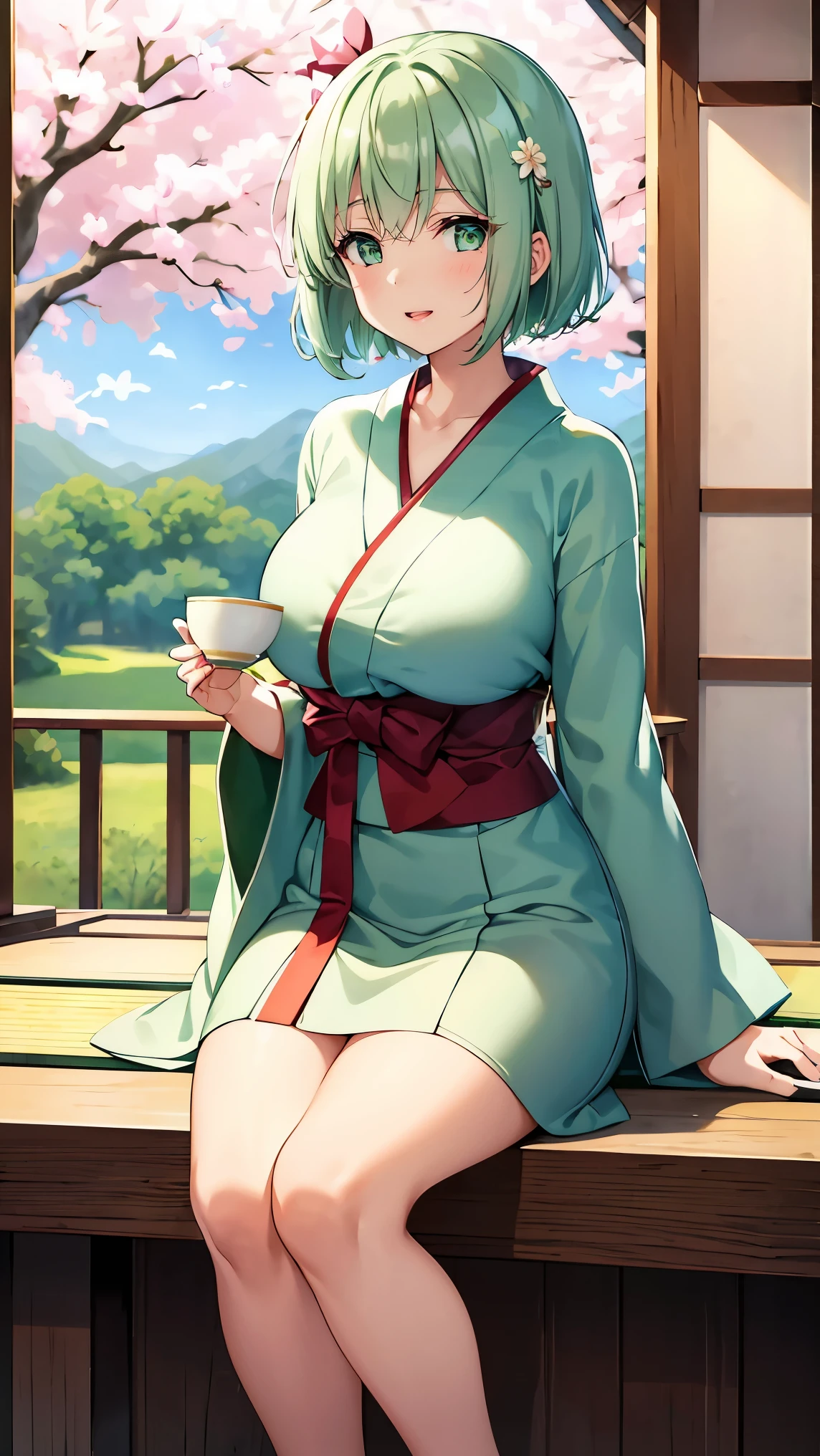 Girl with short green hair, Small breasts, Green Eyes, White Casual Wear Beauty Special、(((tits))),Full body photo from head to toe、Kimono、Patterned Japanese clothing、Cherry tree in full bloom、Fluttering petals、Tea Ceremony、Graceful Manners、Tea party、Chatting in a Japanese-style room