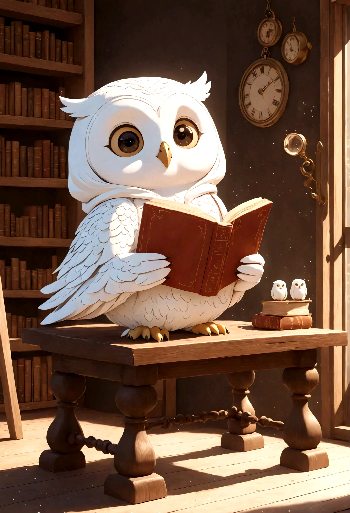 Create a vibrant fantasy and cute scene in a super-detailed animation style. A white owl in a white hood reads a book at the table without seeing its feet.( Perfect anatomical structure )Background laboratory calm and peaceful very cute white owl is reading a book cartoon 3d style (masterpiece),逼真的masterpiece (best quality), (Ultra-high detail)
Very cute white owl doll stunning artwork super detailed digital art