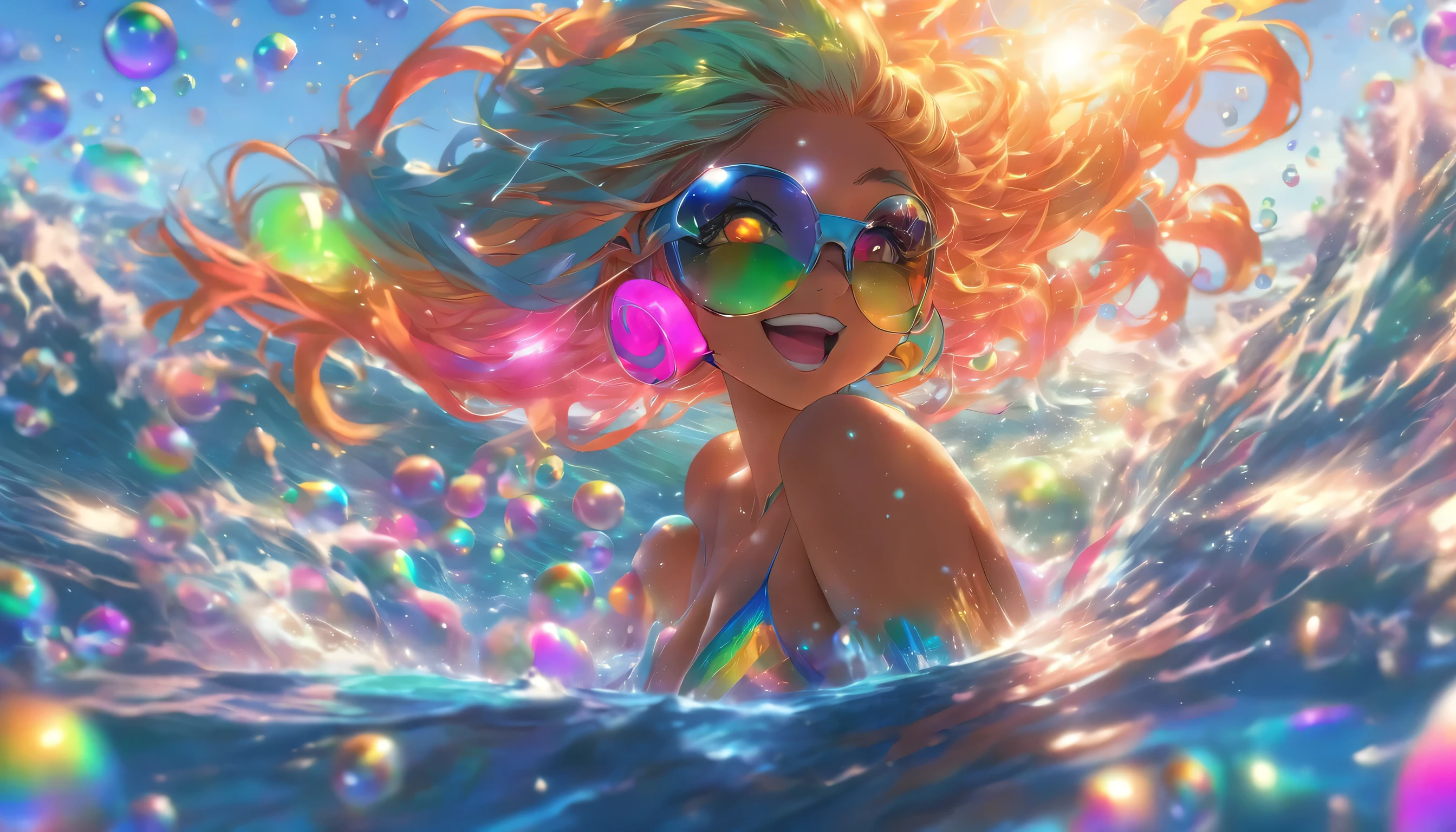 Transparent color PVC clothing, Transparent Vinyl Bikini, Prismatic, Holographic, chromatic aberration, Fashion Illustration, masterpiece, DJ Girl,, 8k, Super detailed, Pixiv、((Wearing metal sunglasses))、((Colorful Hair))、((Wearing futuristic headphones))、((I'm sticking out my belly button))、((Swaying bust))、(((Rainbow Hair)))、((Too big boobs))、(((In the water ocean)))、(((Many glowing bubbles)))、
