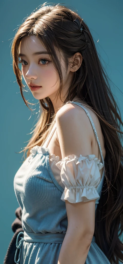 score_9, score_8_up, score_7_up, score_6_up, BREAK 1girl, solo, aerith gainsborough, portrait, blue background, depth of field, shadow,