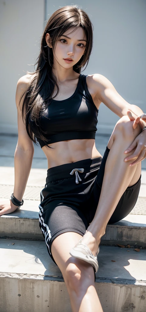 score_9, score_8_up, score_7_up, score_6_up, BREAK 1girl, solo, tifa lockhart, sports bra, sweatpants, black pants, long hair, sitting, leg up, shadow, midriff, chromatic aberration, shiny skin, depth of field, sidelighting, realistic, 3d, white background, sweat, looking to the side, simple background,
