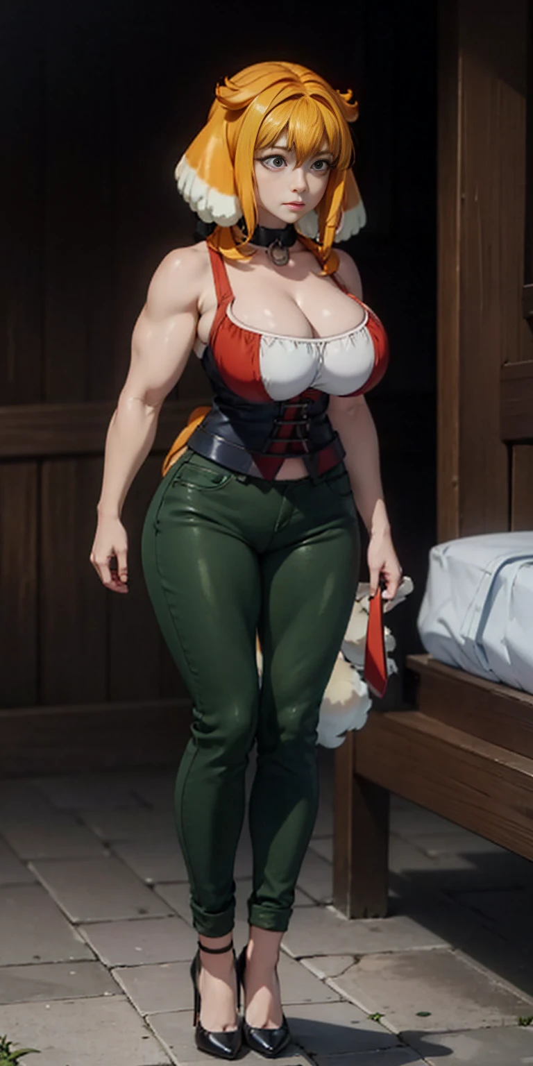 masterpiece, burly woman, exaggerated large muscles, skinny pants, high-heels, standing on your feet, beautiful attractive face, full body like, single female, very fair skin, thin waist, very broad shoulders, Strong and powerful arms, stout arms, strong and powerful leg muscles, looking to the camera, dog ears, fluffy dog ears