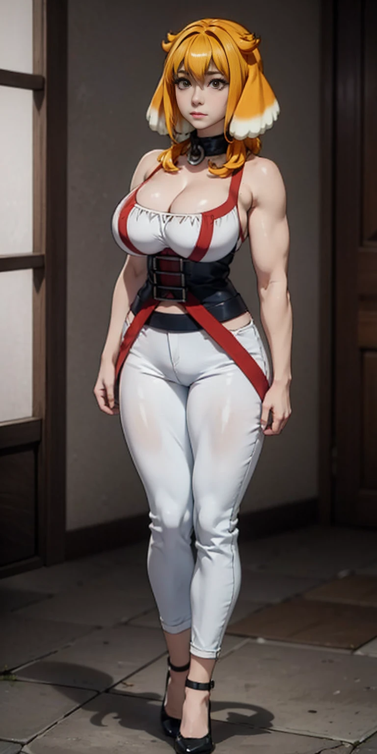 masterpiece, burly woman, exaggerated large muscles, skinny pants, high-heels, standing on your feet, beautiful attractive face, full body like, single female, very fair skin, thin waist, very broad shoulders, Strong and powerful arms, stout arms, strong and powerful leg muscles, looking to the camera, dog ears, fluffy dog ears