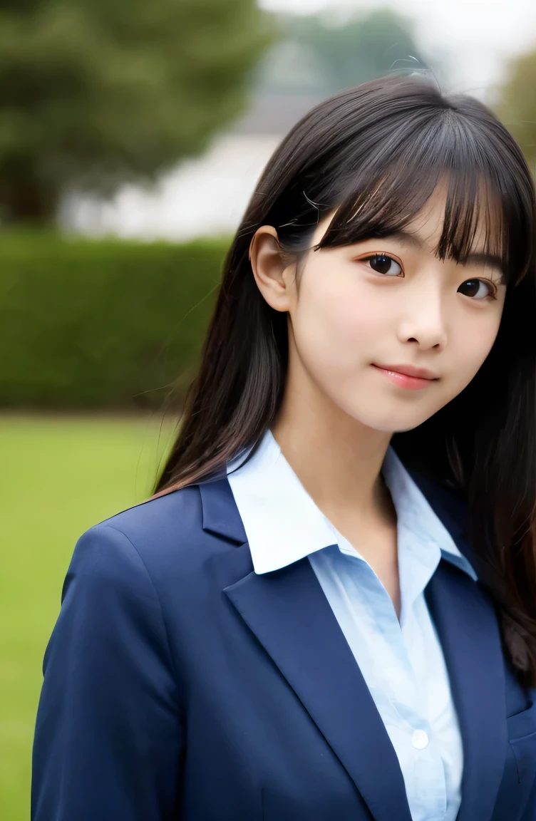 one beautiful girl、Dark blue blazer 、A dark-haired、schools、early morning、14years、