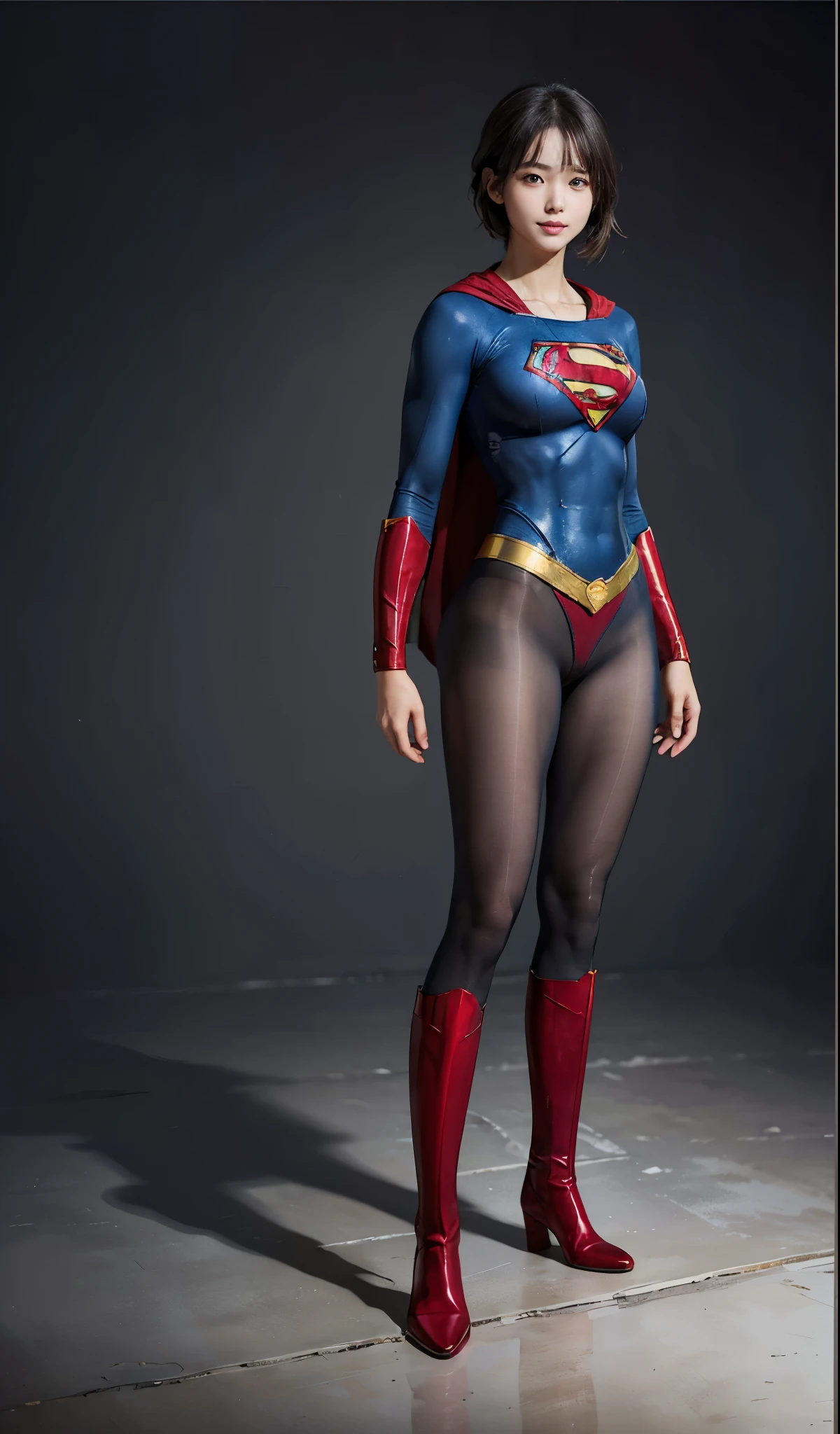 No background、(((Beautiful legs in black tights.)))、(((Legally express the beauty of your smile)))、((((Make the most of your original images)))、(((Supergirl Costume)))、(((Beautiful boyish hairstyle)))、(((suffering)))、(((Please wear black tights....、Be sure to wear red boots)))、((Best image quality、8k))、((highest quality、8k、masterpiece:1.3))、(((Preserve background )))、Sharp focus:1.2、Beautiful woman with perfect figure:1.4、Slim Abs:1.2、Wet body:1.5、Highly detailed face and skin texture、8k