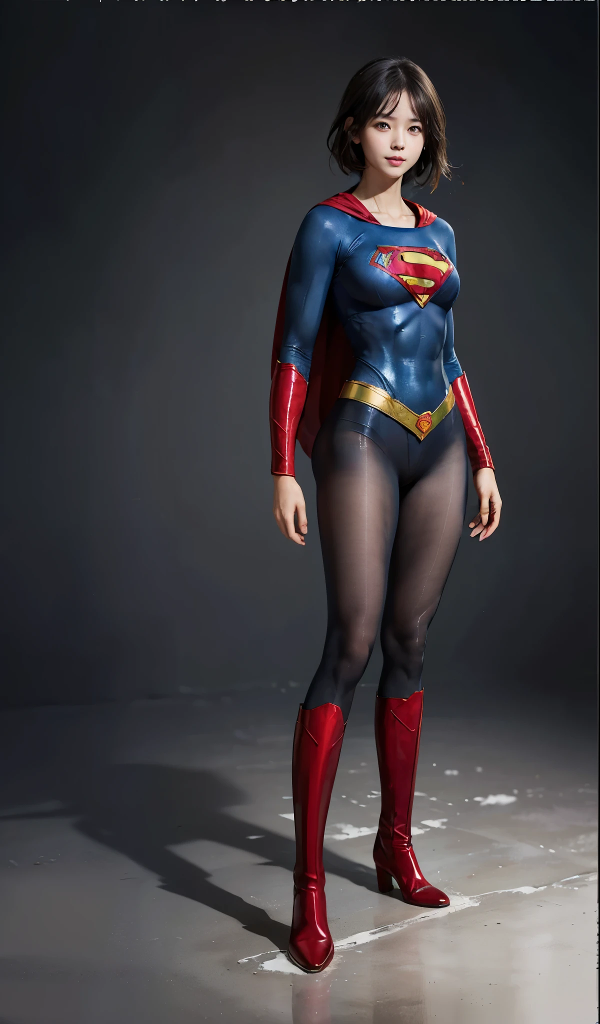 No background、(((Beautiful legs in black tights.)))、(((Legally express the beauty of your smile)))、((((Make the most of your original images)))、(((Supergirl Costume)))、(((Beautiful boyish hairstyle)))、(((suffering)))、(((Please wear black tights....、Be sure to wear red boots)))、((Best image quality、8k))、((highest quality、8k、masterpiece:1.3))、(((Preserve background )))、Sharp focus:1.2、Beautiful woman with perfect figure:1.4、Slim Abs:1.2、Wet body:1.5、Highly detailed face and skin texture、8k