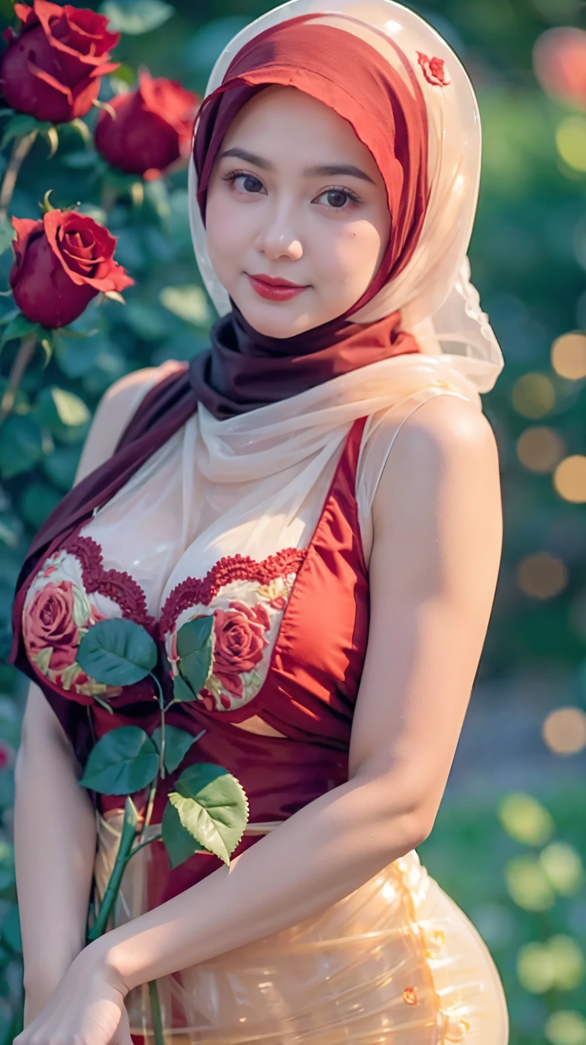 Masterpiece , Baby Face , Beautiful Young 18 Years Old , Sleeveless , Cleavage , ((Glossy Red Rose Embroidery Hijab Women Potrait)) , ((Glossy Red Rose Slip Hijab Lace Dress)) , ((Round Colossal Breasts)) , ((Transparent:1.5)) , Girly , Dynamic Pose , ((Muscles:1.1)) , ((Bokeh:1.1)) , EF 24-70mm f/2.8L II USM , Sunset , Behind a Mountain , HDR , Side , Neackles , ((Red Rose Coloured:1.3))