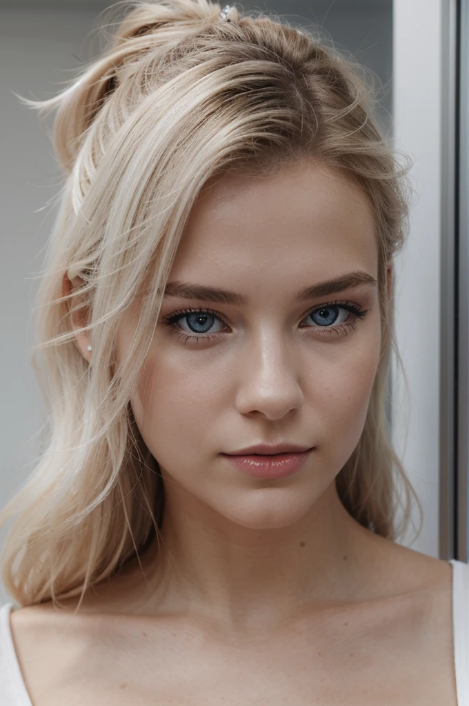 Cinematic portrait, femme de 20 ans , blonde cheveux teints en blanc et bleu , tenu moderne , tenant un iphone, yeux gris claire, perfect body , perfect face , perfect hand , lipstick , cheveux blanc et bleu 