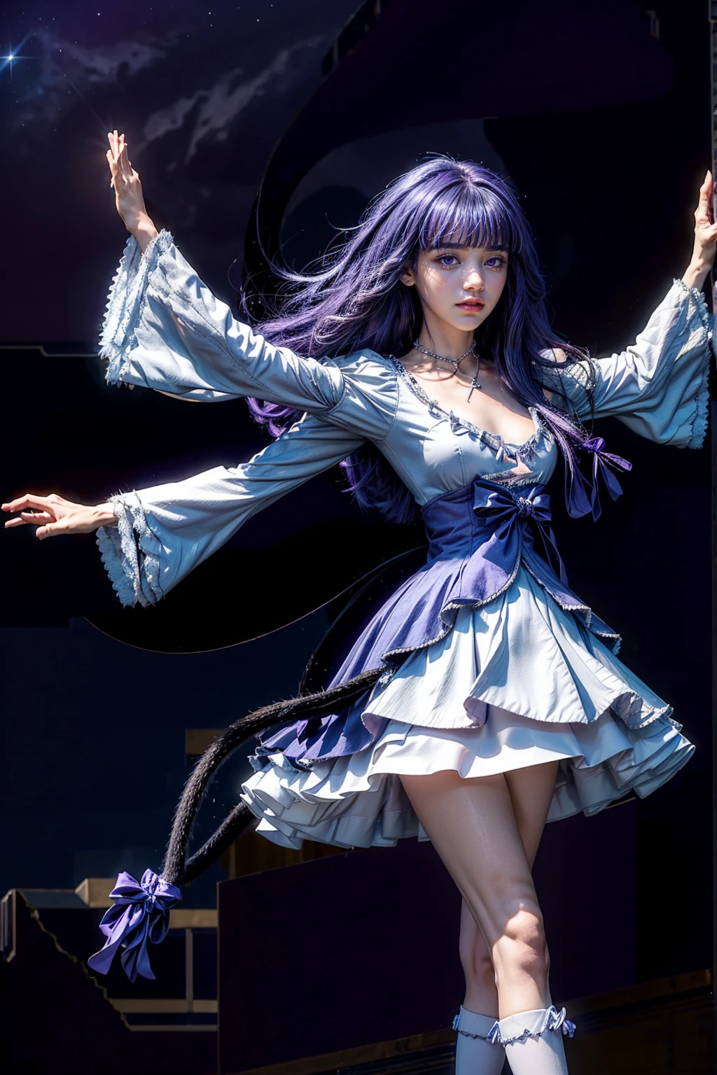 masterpiece,best quality,1girl,frederica bernkastel,purple hair,cat tail,tail bow,purple eyes,tail ornament,dress,bowtie,socks,expressionless,outstretched arms,outer space,surrounded by floating crystal,cowboy shot, necklace with cross, HD 16k RAW photography
