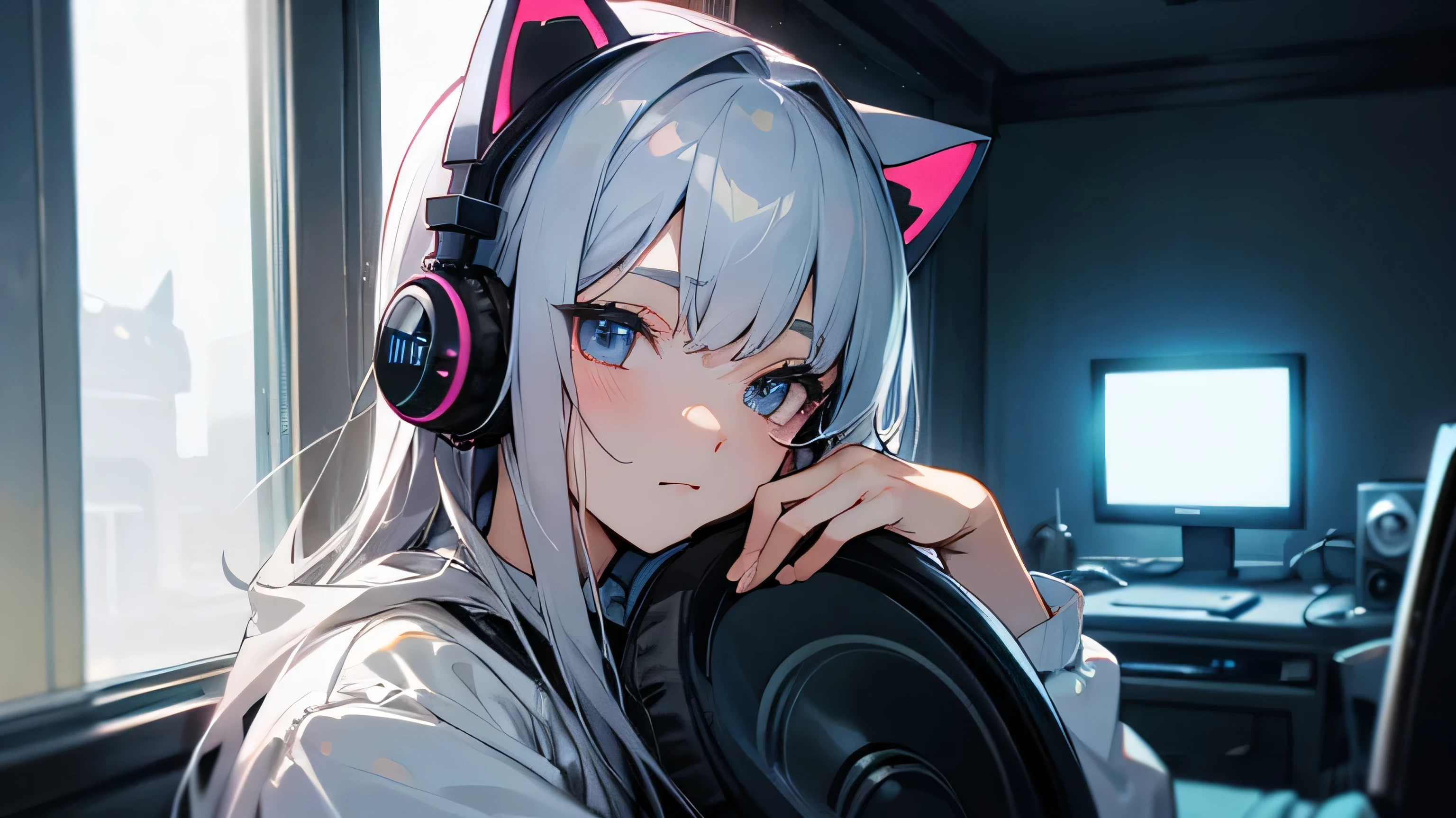 Room with speakers、Cat with headphones、Upper body close-up、night、Silver Hair