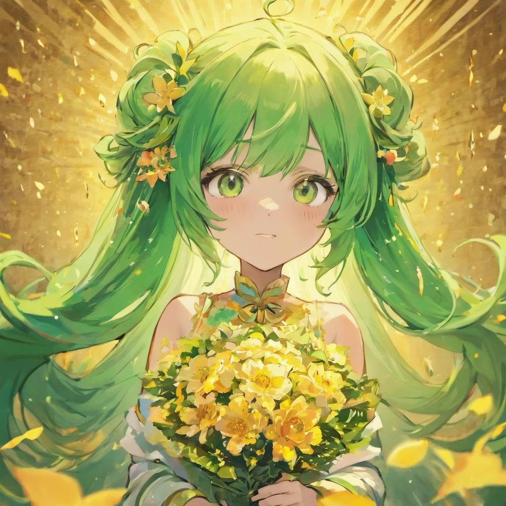holding bouquet, beautiful green hair girl, big eyes, childish face, long hair, Twin tail hairstyle, smiling, happy mood