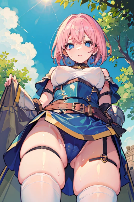 1 girl, high quality, (short hair), pink hair, forehead, blue eyes, (medium breast), (straps on thighs:1.3), blue sky, nature, (stocking), (cameltoe:1.1),(sweaty:1.1), (nipples:0.8), thick thighs, from below, (middle Ages:1.2), (armor)