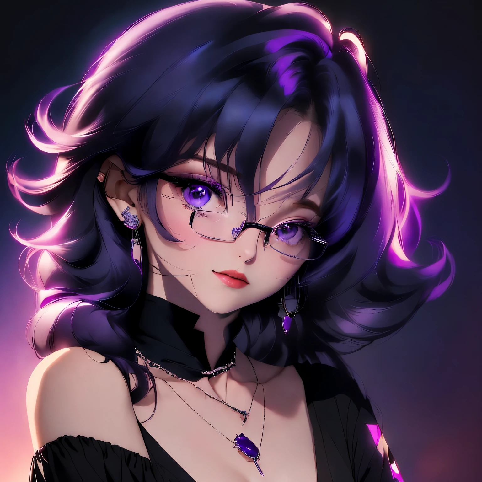 1. **Style and setting:**
- The illustration must have a detailed and realistic anime style.
- The setting must be dark, with predominantly purple and lilac tones, suggesting a nocturnal or dark interior atmosphere.
2. **Main character:**
- **Face and expression:**
- The character must have a young and feminine face, with a serene and slightly pensive expression.
- Large and bright eyes, deep violet with luminous details.
- Long and defined eyelashes.
- Soft and well-defined lips, with a slight pink sheen.
- **Hair:**
- Deep purple hair, with lighter highlights to give depth and volume.
- Hairstyle with soft curls and volume, partially gathered with a decorative clip.
- The clip must have details in pastel colors, especially pink and yellow, with a delicate design.
3. **Accessories:**
- **Glasses:**
- Thin-framed, translucent glasses in lilac tones.
- Large glasses that frame the character's eyes well.
- **Jewelry:**
- Long, elegant earrings with details in purple and silver tones.
- Delicate necklace with a small pendant, with silver details and a touch of lilac.
- Dark purple ribbon choker with a minimalist design.
4. **Clothing:**
- **Top:**
- Black blouse with lace details on the edges.
- Moderate V-neckline, showing an additional necklace with a simpler design.
- **Accessories:**
- A light jacket or cape over the shoulders, also in dark tones, probably black or a very dark purple.
- Additional details in the clothing should include small flashes or reflections that follow the predominant color scheme.
5. **Background:**
- Dark background, but not completely black, with subtle gradients of purple and dark blue.
- Add diffuse elements in the background to give depth, such as soft, diffused lights that suggest a dim room or interior space.
- Include a thin frame around the illustration in a shade slightly lighter than the background, to highlight the main character.