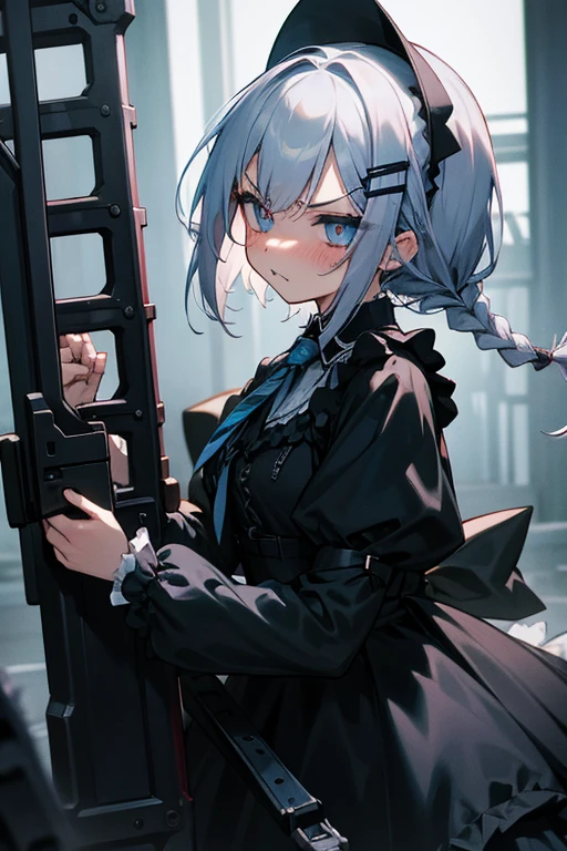 Short white hair, blush, Gothic Lolita、Punk Fashion、Headbang 2.、Blue and black clothes、Braiding、2 hair clips、Tie your hair、Angry、Machine gun in hand、