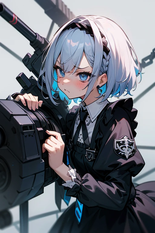 Short white hair, blush, Gothic Lolita、Punk Fashion、Headbang 2.、Blue and black clothes、Braiding、2 hair clips、Tie your hair、Angry、Machine gun in hand、