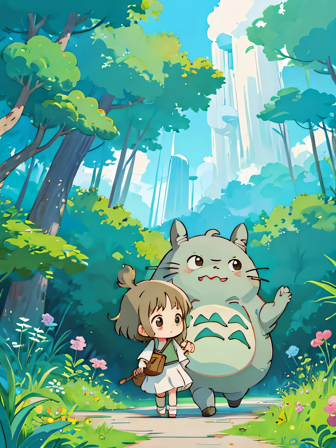 Hayao Miyazaki style, Kawaii Design, The most beautiful girl of all time、Chibi, Walking hand in hand with Totoro