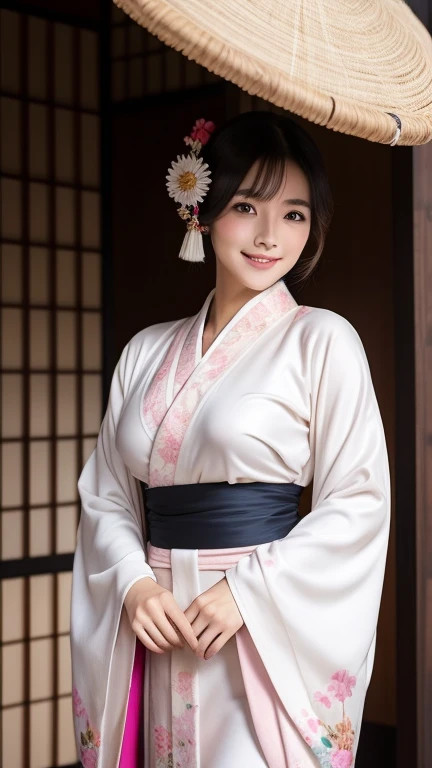 araffe dressed in a kimono, Japanese Goddess, wearing kimono, kimono, Glamorous and sexy geisha, wearing a kimono, wearing kimono armor, japanese kimono, anime girl Cosplay, classic kimono, Organic Enchantress, Cosplay photo, Onmyoji, Wearing a deep pink silk robe, pale and coloured kimono, Cosplay, gorgeous young , beautiful south , Korean Girls, beautiful young, Cute Japanese Woman, Choi Hong-hwa, korean female fashion model, Sexy Looks, Large Breasts, Sexy pose, Show off your breasts, Shiny, very dark brown hair, Big smile, cowboy shot, ((slit kimono)),