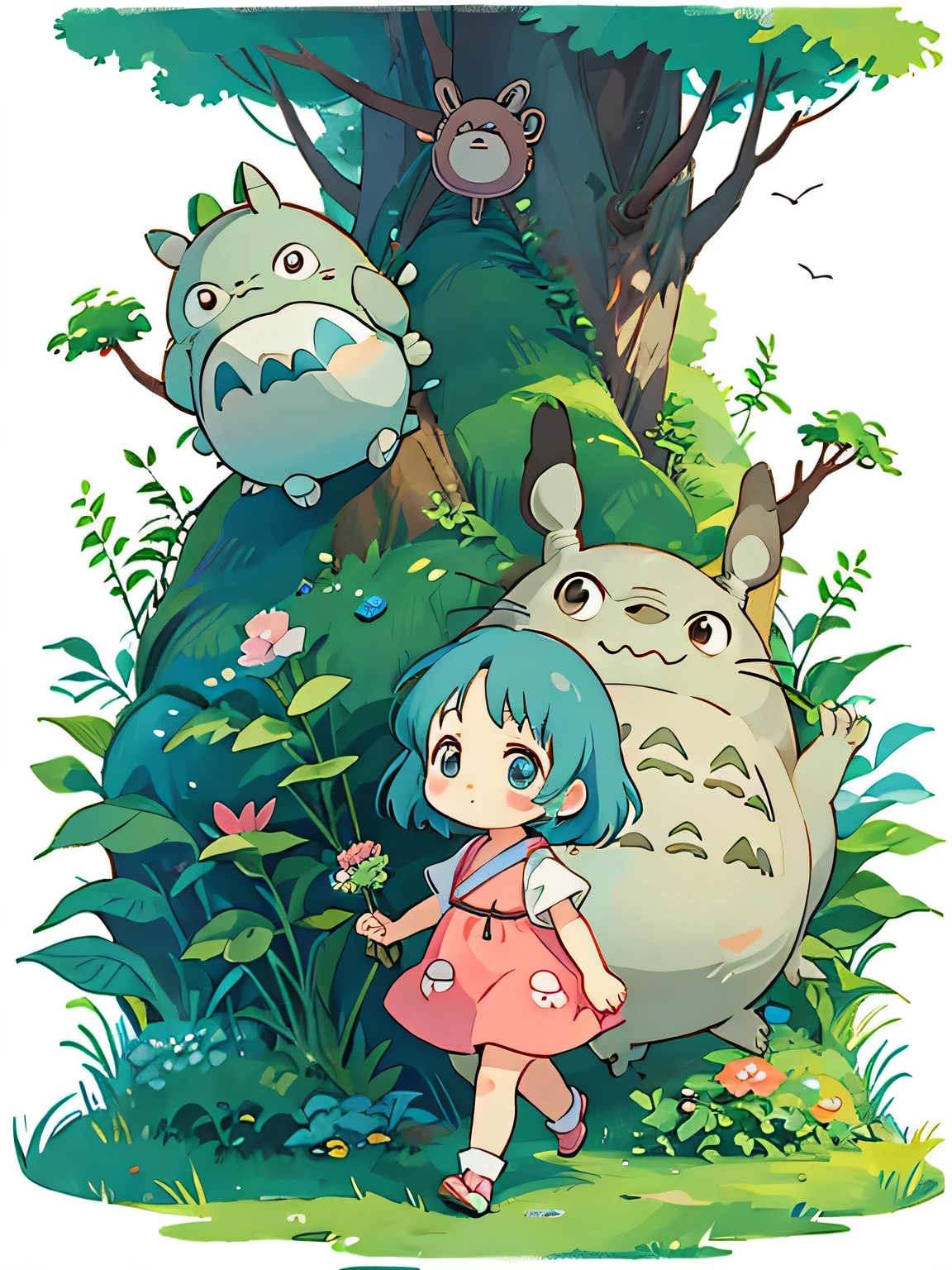 Hayao Miyazaki style, Kawaii Design, The most beautiful girl of all time、Chibi, Walking hand in hand with Totoro