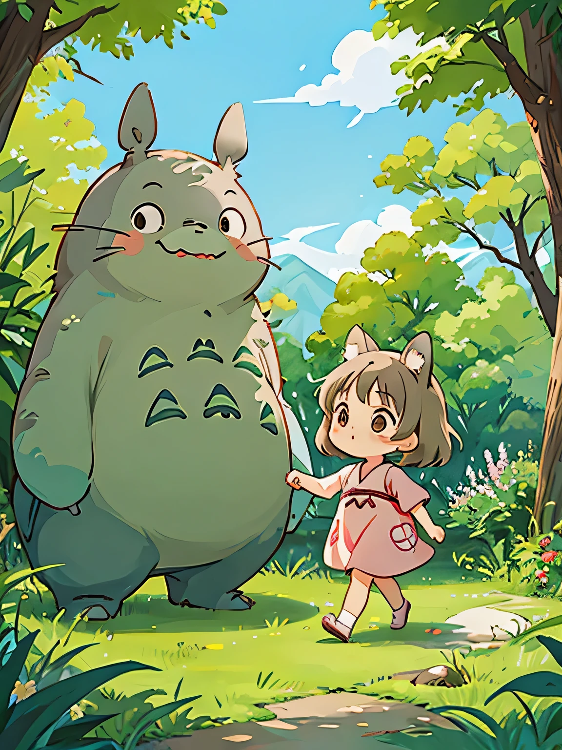 Hayao Miyazaki style, Kawaii Design, The most beautiful girl of all time、Chibi, Walking hand in hand with Totoro