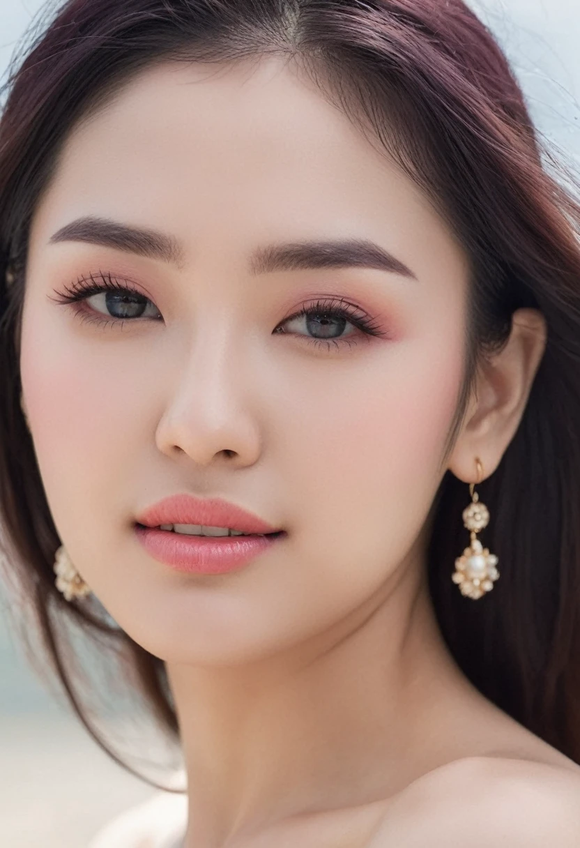 1 girl, Korean model, extremely beautiful, perfect body. 8K HD image quality, lifelike, masterpiece, sharpest and highest contrast, non-NSFW, super beautiful graphics, detailed and vibrant colors, super smooth images, true RAW. Glossy pink lips, pink eyeshadow, eyelashes, blush, cosmetics, bright white skin, detailed pores, shiny skin, shiny skin. Her hair is pink, long and smooth, blowing in the wind ((floating)) under the bright sunlight. Bright smile, pure white teeth and details. Seductive lips, glossy pink lips. Blue eyes, seductive, ((sharp makeup)), realistic, ((wet eyes)), detailed, pink eyeshadow. Two delicate eyelids, perfectly beautiful and detailed, black eyelashes. Eyebrows are curved, sparse, sharp and detailed. Beautiful and perfect face, holy, perfectly proportioned, beautiful in every detail, ((shiny)), high-end cosmetic makeup. High and detailed nose. Blush, prominent and detailed cheekbones. Hands are beautiful, perfect, ((no flaws)), no defects. Her breasts are big and full, her nipples are prominent and detailed, her cleavage is deep and firm, tight under her bra. Tank top, jeans, necklace, earrings, bracelet. Photo of a girl standing on a beautiful beach.