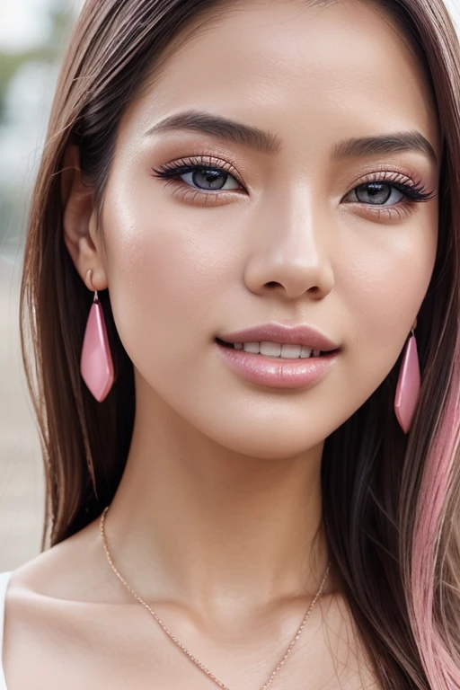 1 girl, Korean model, extremely beautiful, perfect body. 8K photo quality, lifelike, masterpiece, sharpest and highest contrast. Glossy pink lips, pink eyeshadow, eyelashes, blush, cosmetics, bright white skin, detailed pores, shiny skin, shiny skin. Her hair is pink, long and smooth, blowing in the wind ((floating)) under the bright sunlight. Bright smile, pure white teeth and details. Seductive lips, glossy pink lips. Blue eyes, seductive, ((sharp makeup)), realistic, ((wet eyes)), detailed, pink eyeshadow. Two delicate eyelids, perfectly beautiful and detailed, black eyelashes. Eyebrows are curved, sparse, sharp and detailed. Beautiful and perfect face, holy, perfectly proportioned, beautiful in every detail, ((shiny)), high-end cosmetic makeup. High and detailed nose. Blush, prominent and detailed cheekbones. Hands are beautiful, perfect, ((no flaws)), no defects. Her breasts are big and full, her nipples are prominent and detailed, her cleavage is deep and firm, tight under her bra. Tank top, jeans, necklace, earrings, bracelet. Photo of a girl standing on a toy city model, looking like a giant, the camera angle taken from close to the ground tilted up to focus on the girl's face.