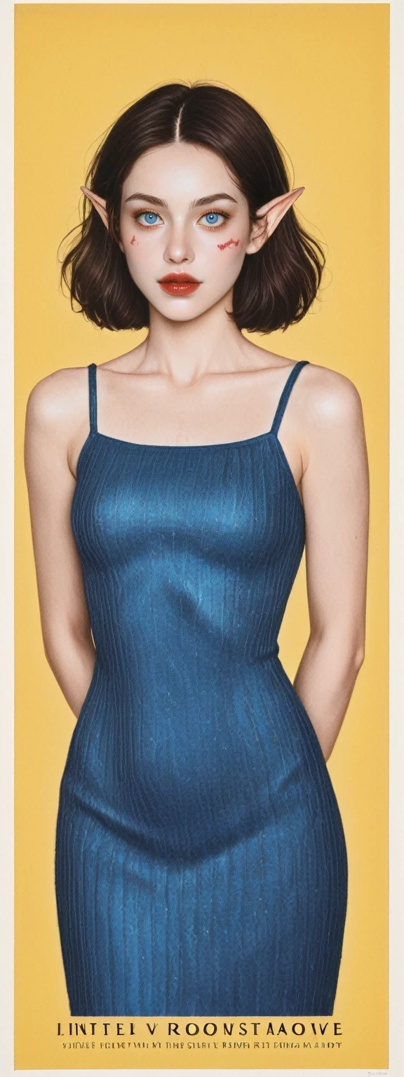 An illustrated movie poster, hand-drawn, full color, a young drow woman, drow elf, wearing a rib-knit mini-dress, blue skin, blue complexion, pointy elf ears, ruby eyes, dark hair, shaggy bob, posing like a model, hard shadows, graphite shading, stencil marks, airbrushed acrylic paint, masterpiece, in the style of Rockstar Games