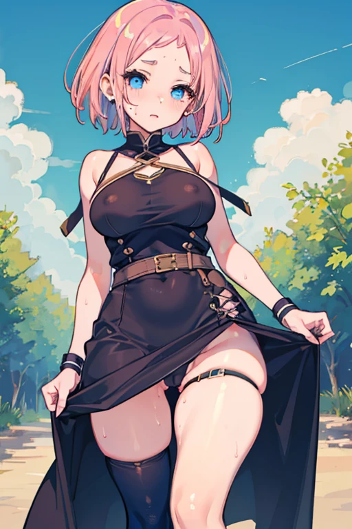 1 girl, high quality, (short hair), pink hair, forehead, blue eyes, (medium breast), (straps on thighs:1.3), blue sky, nature, (stocking), (cameltoe:1.1),(sweaty:1.1), (nipples:0.8), thick thighs, (middle Ages:1.2), long dress