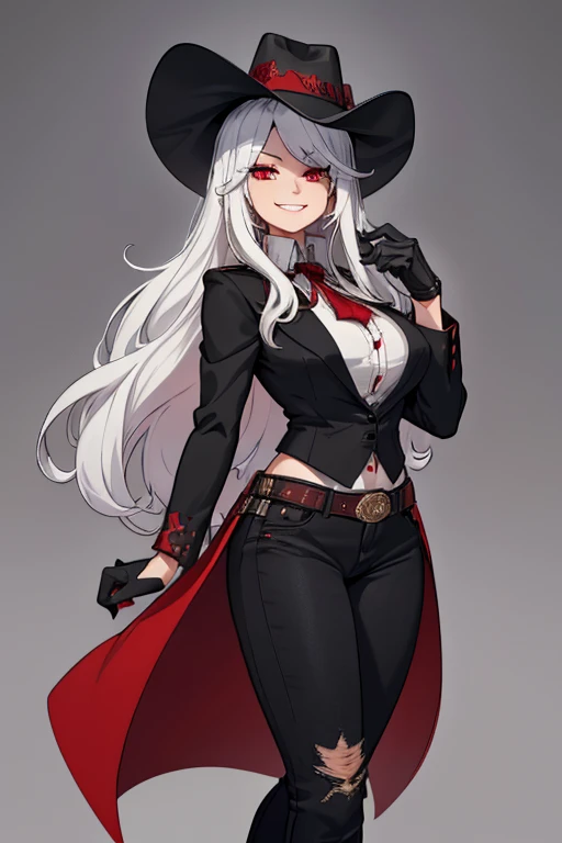 female, silver long hair with black highlights, red eyes, (((1girl))), (((black cowboy hat))), (white shirt), (red sleeveless waistcoat), (black duster coat), (black cowboy boots), (black jeans), (black gloves), (black cowboy hat), cute and sexy, big breasts, big butt, full body, long legs, smiling