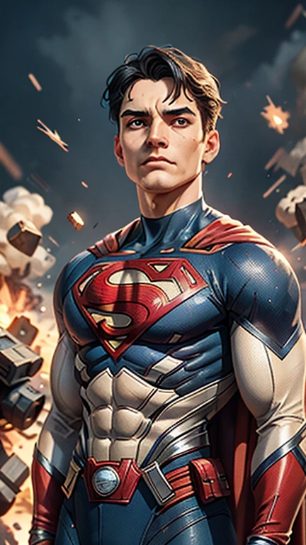 In the backdrop of an ancient fantasy-reality setting, a youth sporting a platinum crew cut displays a piercing gaze and confident demeanor. Adorned in a superhero outfit, seamlessly blending Western and Eastern influences, he wears Superman costume and it echo through the big cinematic explosion in the background. The overall aesthetic captures the essence of a refined and mature anime-inspired  rogue, symmetrical face, extremely detailed eyes and face, high quality eyes, high definition, highres, ultra-fine painting, exquisite and mature, extremely delicate, professional, anatomically correct, creativity, UHD, HDR, 32k, Natural light, cinematic lighting, best shadow, masterpiece-anatomy-perfect, best quality, masterpiece, ultra-detailed