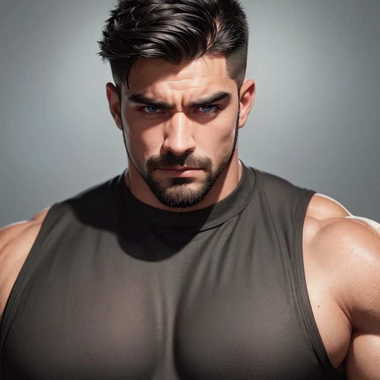 a very handsome, robust, serious adult man, with a Mid fade haircut, massively muscular, with massively large muscles, with massively large and muscular arms and biceps, wearing a very dirty dark gray shirt, seen very close up