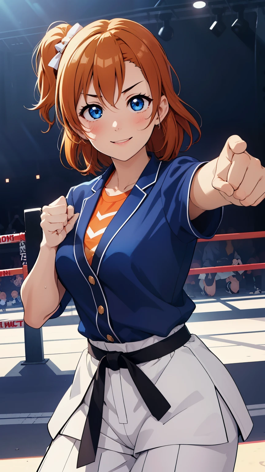 (masterpiece, 最high quality, high quality), Upper Body,Volumetric lighting, figure, beautiful, Perfect lighting, Perfect Shadow, (Nice views:1.1), Blushing, In-person audience, Are standing,Kousaka honoka, blue eyes, Orange Hair,Empty-handed,White Karate Custom, Big Breasts, sweating, smile、Straight punch、In-person audienceにStraight punch、Raise your fist towards the audience