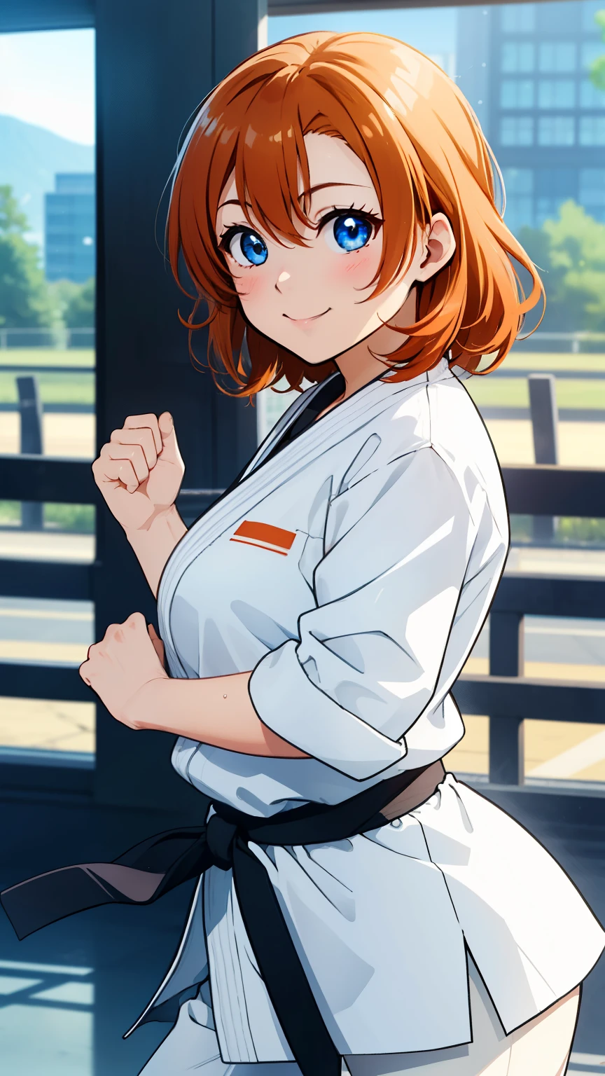 (masterpiece, 最high quality, high quality), Upper Body,Volumetric lighting, figure, beautiful, Perfect lighting, Perfect Shadow, (Nice views:1.1), Blushing, In-person audience, Are standing,Kousaka honoka, blue eyes, Orange Hair,Empty-handed,White Karate Custom, Big Breasts, sweating, smile、Straight punch、In-person audienceにStraight punch、Raise your fist towards the audience