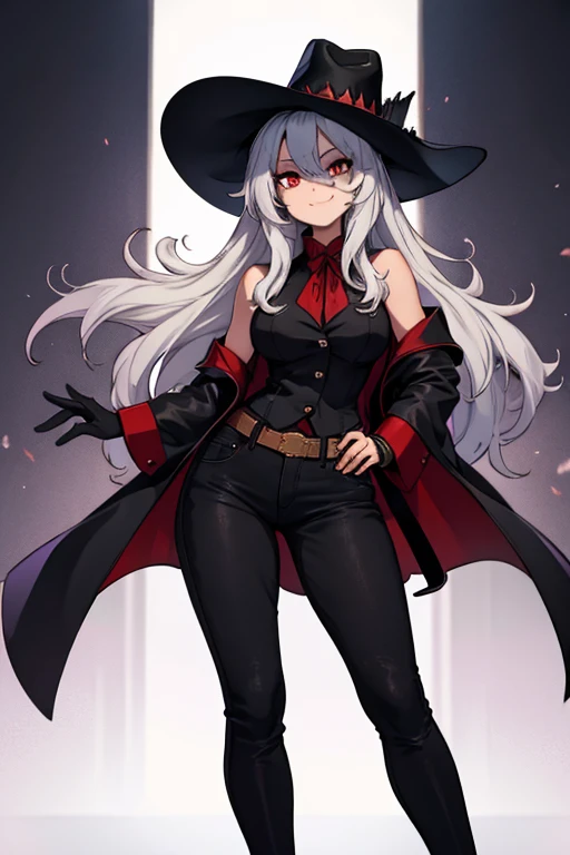 female, silver long hair with black highlights, red eyes, (((1girl))), (((black cowboy hat))), (white shirt), (red sleeveless waistcoat), (black duster coat), (black cowboy boots), (black jeans), (black gloves), (black cowboy hat), cute and sexy, big breasts, big butt, full body, long legs, smiling