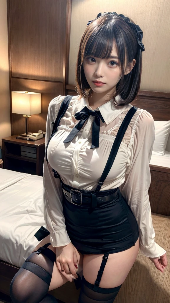 masterpiece, best quality, illustration, Super detailed, fine details, High resolution, 8K,wall paper, perfect dynamic composition,(Details High quality, realistic depiction of eyes:1.3), holster, bobby, Cutter shirt, a belt, suspenders, a miniskirt, garterbelts, knee high Stockings, large breasts, short bob hair、black hair color, Big Natural Color Lip, bold sexy pose, crying a little、Harajuku style、20 year old girl、cute type、lolita、beautiful legs, hotel room, gravure idol, Voluptuous thighs